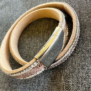 Gold Metallic Leather Wrap Bracelet 15” Long Magnetic Clasp Rhinestones